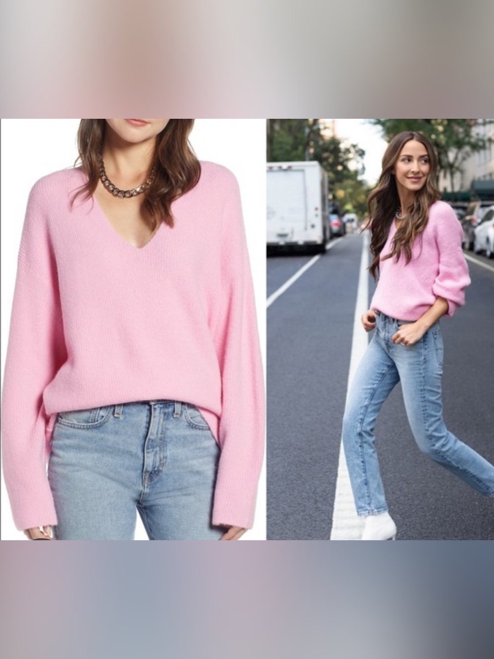 Something Navy Oversized Pink V-Neck Women's Sweater
